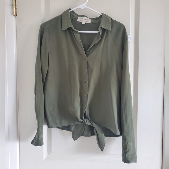 Cloth & Stone Anthropologie Forest Green Collared Button Down Tie Waist Shirt - Picture 1 of 6